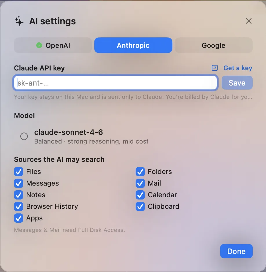 Beacon AI settings with provider tabs, model selection, and sources