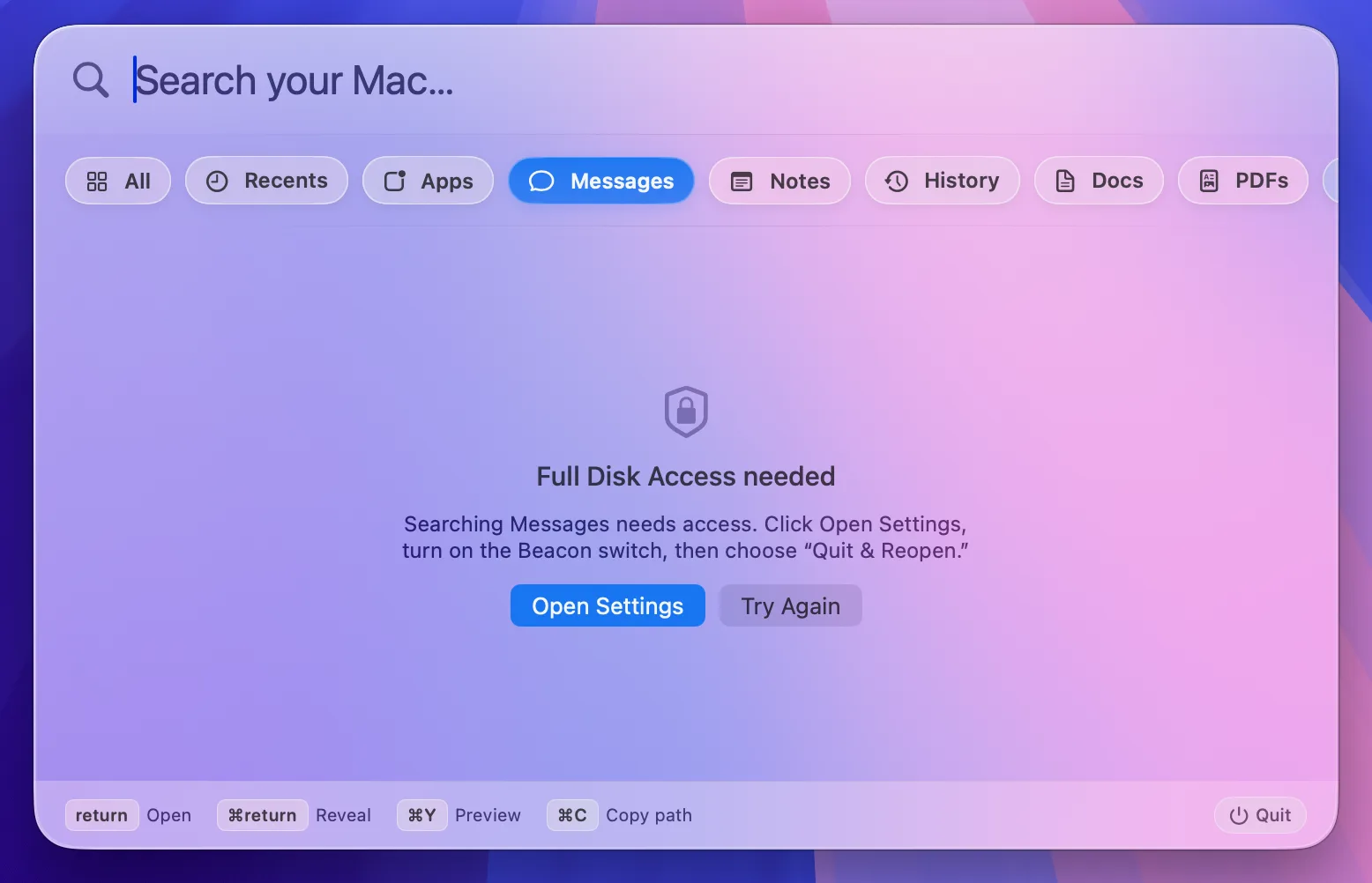 Beacon Full Disk Access setup screen