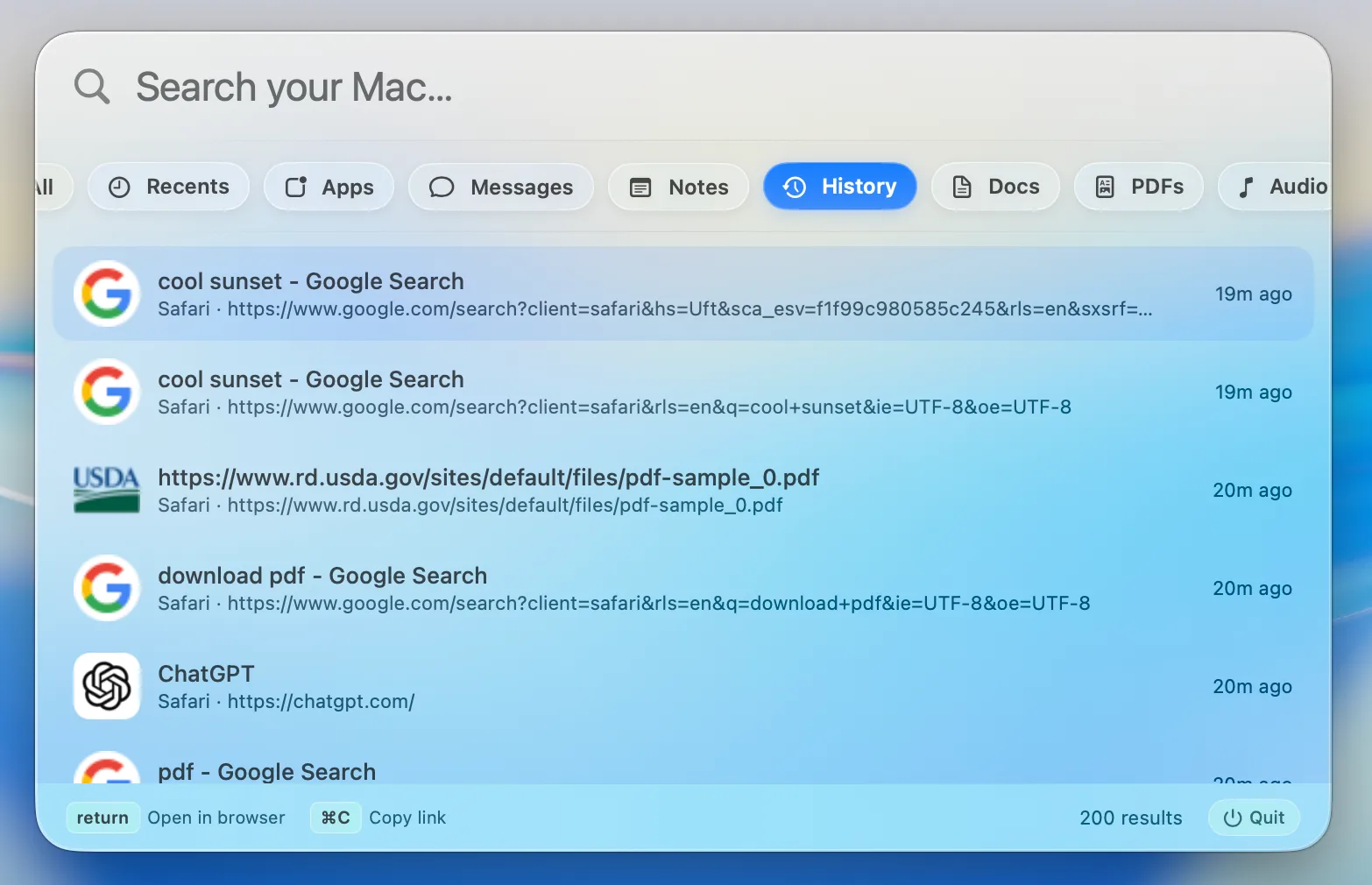 Browser history results with favicons in Beacon