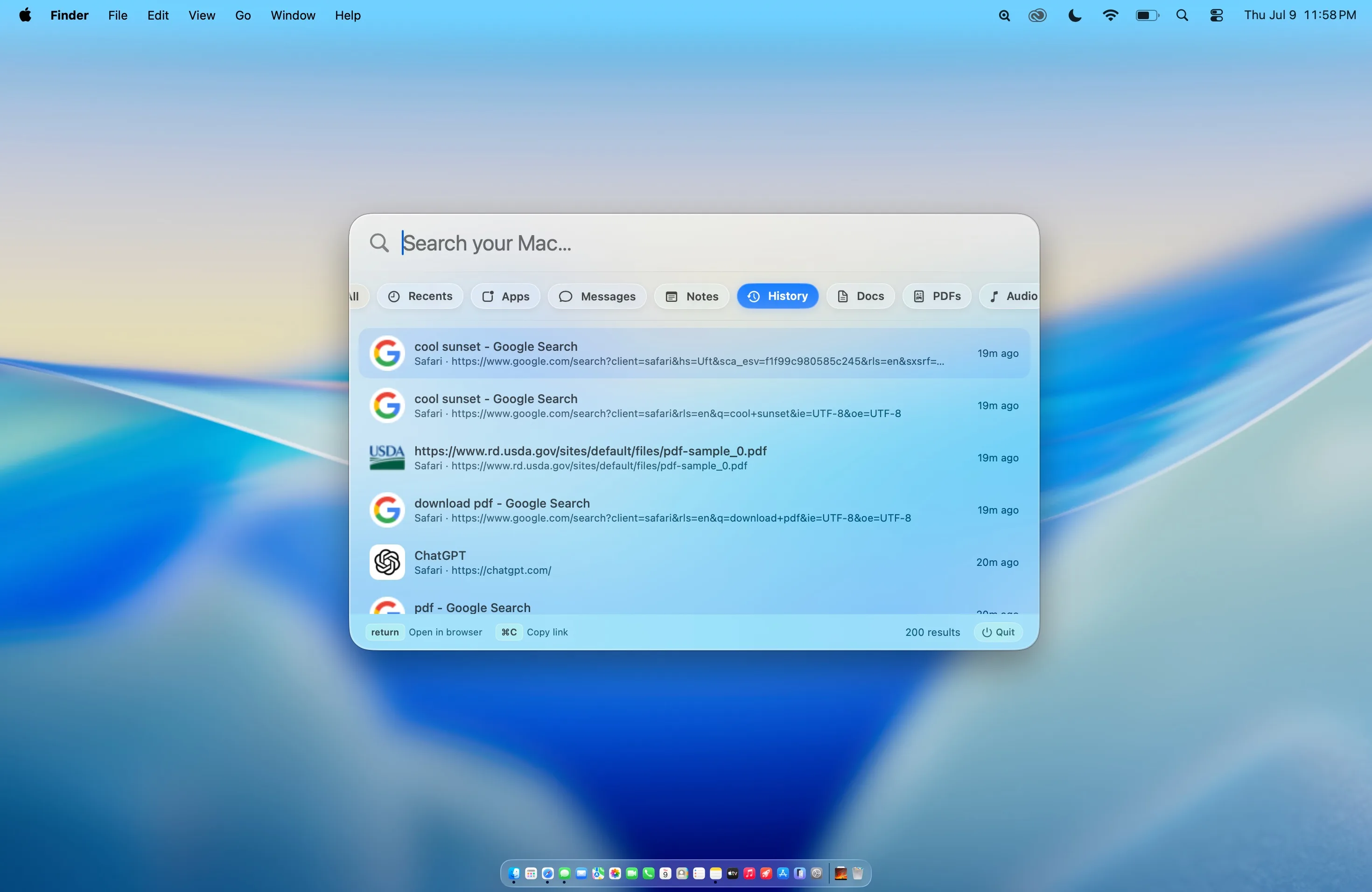 Beacon searching browser history over the macOS desktop