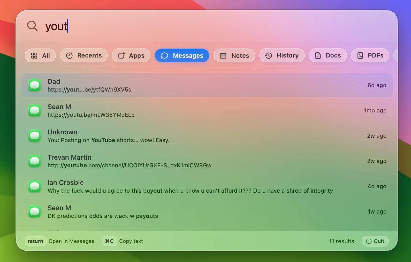 Beacon searching iMessage and SMS history